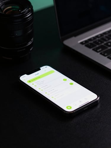 Moody dark-mode close-up of a high-end desk setup, a clean smartphone interface displaying call logs with lime green accents, low-key ambient neon lighting, 35mm lens.