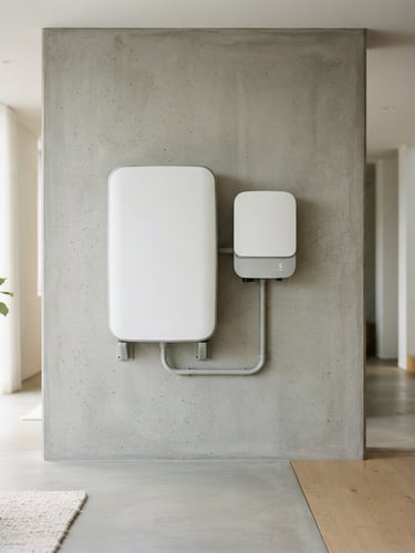 Clean product photography of the INDRA solar system mounted on a minimalist polished concrete wall, bright natural daylight, soft morning shadows, high-end consumer tech aesthetic, 35mm