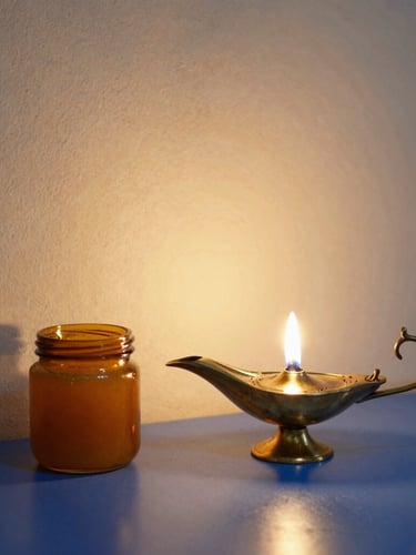 A serene brass oil lamp glowing softly next to an amber glass jar of ghee, warm shadows on a textured cream wall, 35mm