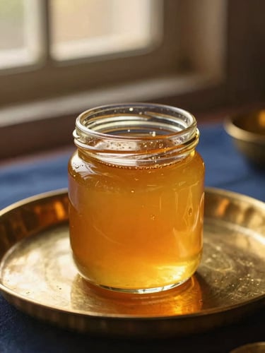 Close-up of a glowing amber glass jar of ghee resting on a traditional brass thali, warm golden-hour light filtering through a window, shallow depth of field.