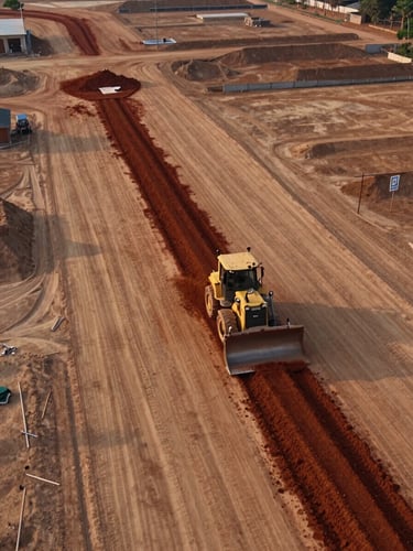 Wide drone aerial shot of a large cleared and leveled construction site in India, a bulldozer mid-push at the far edge moving red earth, measurable land progress visible, golden hour site lighting, expansive terrain