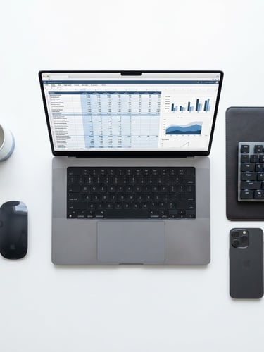 Overhead flat-lay of a modern tech workspace, high-key studio light, a crisp digital spreadsheet mockup displayed on a laptop screen, clean corporate blue and slate tones
