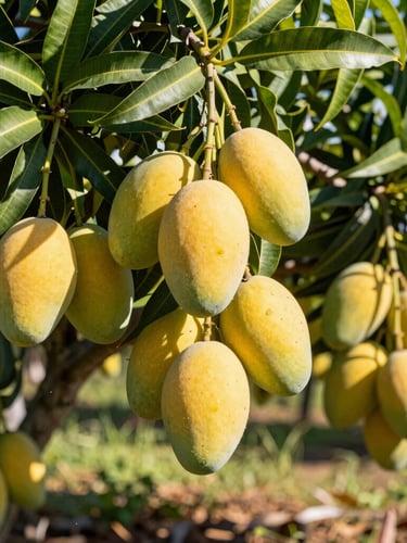 A bright sunlit portrait of a Homestead mango orchard, heavy golden fruit hanging from lush green branches under sharp midday Florida sun.