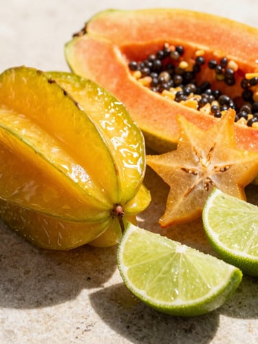 Macro close-up of a vibrant tropical fruit platter featuring sliced starfruit, papaya, and lime wedges glistening with moisture on a neutral stone background, bright sunlight, sharp shadows