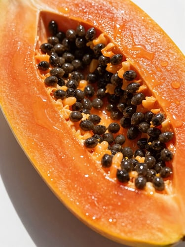 Macro close-up of a sliced ripe papaya glistening with moisture, vibrant orange flesh, black seeds, bright direct South Florida sunlight, clean white background