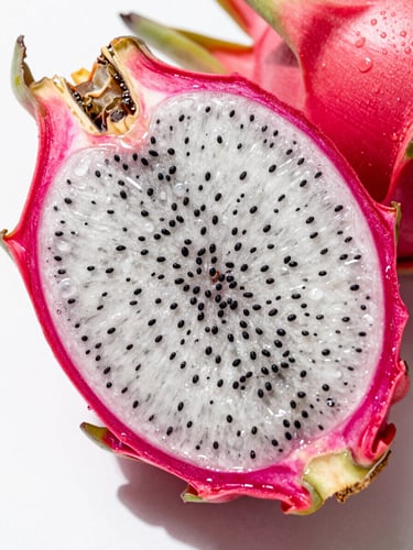 Macro close-up of vibrant red dragon fruit sliced open, glistening with moisture under bright direct South Florida sunlight, sharp clean shadows, rich saturated tropical colors