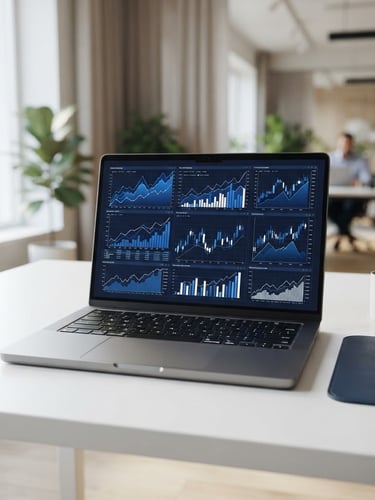 Sleek laptop on a minimalist white office desk showing clean financial charts, bright natural daylight, deep navy tones, professional 35mm lens