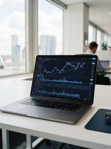 A sleek modern laptop displaying financial charts on a white desk in a bright Rotterdam office, soft natural daylight, professional 35mm photography