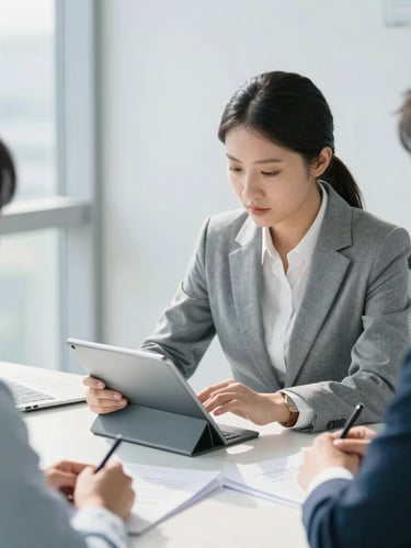 A professional consultant reviewing documents on a digital tablet with a client in a modern, clean office space. Bright, natural, cool-toned daylight, soft shadows, 35mm.