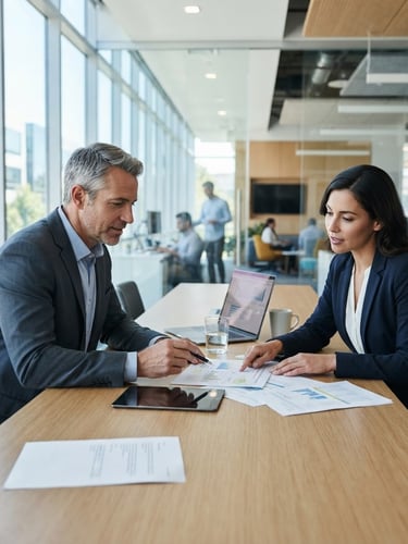 Crisp editorial photo of a modern, well-lit consulting office interior in Silicon Valley, with a professional consultant engaging with a client over documents, cool blue and silver tones, natural daylight, 35mm, focus on collaboration, client on the right side of the frame.