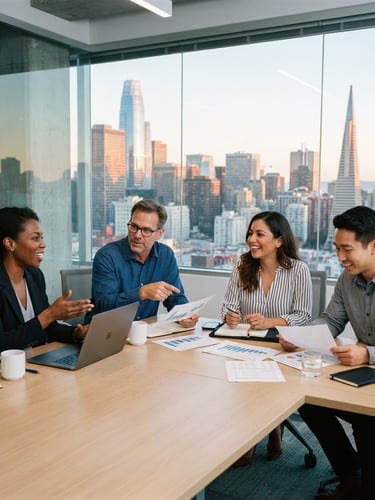 Modern California skyline at golden hour, with a diverse group of professionals in a consulting session, a family laughing in a sunlit home, and a small business owner reviewing documents. Focus on bright, natural, cool-toned daylight with soft shadows, 35mm.