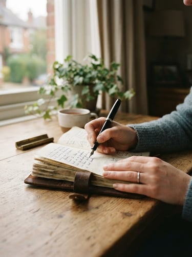 A close-up of hands writing in a leather notebook on a warm oak table, soft natural daylight from a nearby window, authentic UK home setting.