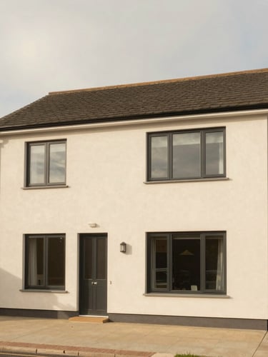 A wide shot of a modern British home exterior with clean architectural lines, soft overcast daylight, realistic UK setting, warm editorial photography