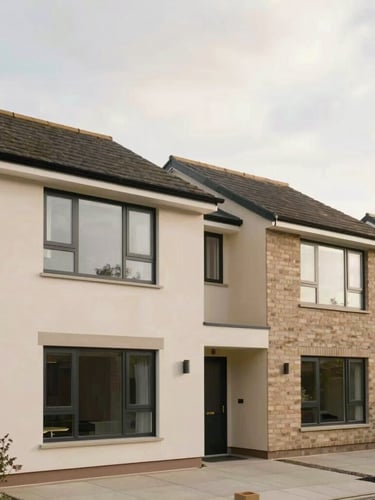 A wide environmental shot of a modern British home exterior, soft overcast daylight, clean architectural lines, muted earthy tones.