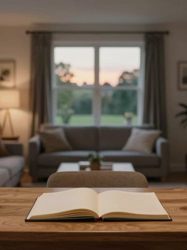 A wide environmental shot of a modern British living room at dusk, soft warm interior window light illuminating a wooden desk with an open notebook, natural and calm atmosphere, 35mm lens.