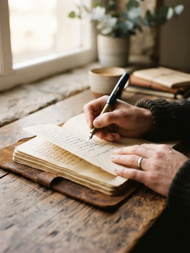 A close-up of hands writing in a leather notebook on a rustic oak table, warm natural window light casting soft shadows, 35mm lens editorial style
