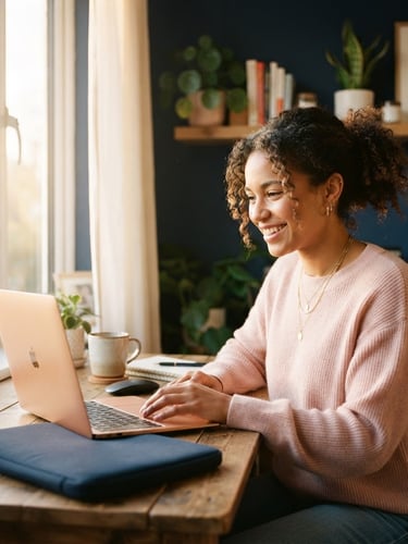 Diverse working woman in a bright home office, smiling, looking at a laptop, warm natural golden-hour window light, blush and navy tones, shallow depth of field, 35mm