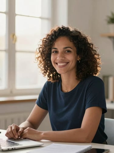 Portrait of a diverse working mother smiling candidly in a bright home office, soft golden-hour window light, blush and navy tones, planner on desk, shallow depth of field.