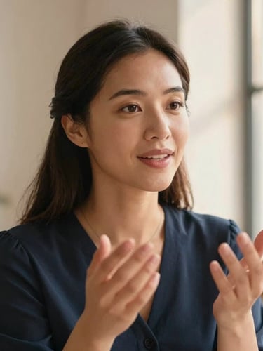 Intimate, eye-level medium close-up of a diverse woman (the founder) gently explaining something during a virtual consultation, a warm, reassuring expression, soft golden-hour window light, blush and navy tones, shallow depth of field.