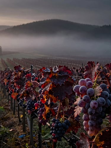 Misty vineyard landscape in the Carpathian foothills at dawn, low-key dramatic light breaking through fog, dew-glistening grapes on the vine in the foreground