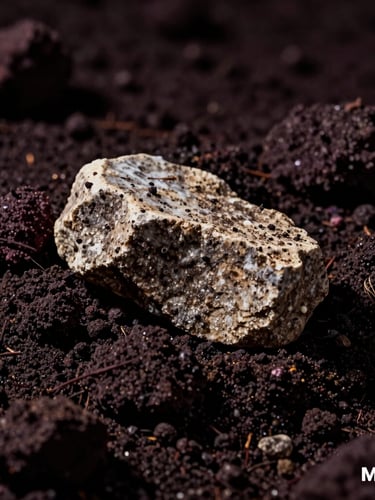 Moody editorial wine photography, close-up of dark mineral-rich soil with a fragment of ancient limestone, dramatic chiaroscuro side-lighting, shallow depth of field