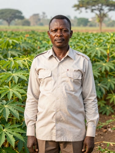 Portrait of a proud Congolese civil servant in a clean light-colored shirt standing in a lush green cassava field under soft morning daylight, medium shot