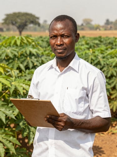 Warm editorial portrait of a Congolese civil servant in a crisp white shirt with rolled sleeves, standing in a lush green cassava field near Kinshasa, holding a clipboard, warm natural equatorial daylight, medium shot