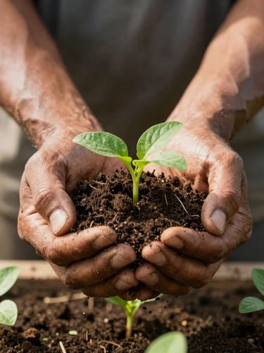 Hands of a farmer carefully holding rich dark soil with young green sprouts, warm equatorial daylight, close-up shot