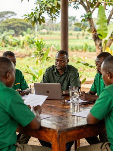 Warm editorial medium format photography of a professional administrative meeting of cooperative leaders in Kinshasa, natural light, rich wood and deep green tones