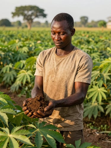 Warm editorial medium format photography of a Congolese civil servant-farmer standing in a lush cassava field in DRC, holding fresh soil, natural equatorial golden hour daylight, rich green and earth tones