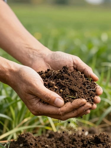Warm editorial close-up of hands gently holding rich dark soil mixed with fresh compost, outdoors in a vibrant green field, warm natural daylight, focus on texture