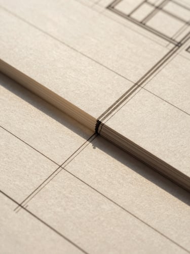 Architectural design blueprint showing precise geometric grid lines, extreme close-up on heavy textured paper, sharp shadows under direct sunlight, minimalist composition