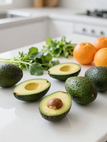 Bright editorial food photography of fresh avocados, leafy greens, and citrus fruits on a clean white kitchen counter, soft natural daylight, vibrant greens, 50mm lens