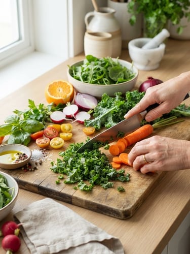 Bright editorial food photography, soft natural daylight, hands prepping fresh local ingredients on a clean kitchen counter, vibrant greens and warm oranges.