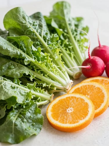 Close-up shot of crisp, fresh organic leafy greens, sliced orange citrus, and vibrant radishes being prepped on a light stone countertop, bright natural daylight, shallow depth of field