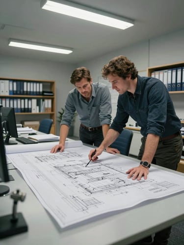 Wide interior shot of a structural engineering office, two engineers leaning over a large printed blueprint spread across a drafting table under cool fluorescent light, technical drawings and annotated site survey sheets visible in the foreground, shelves of binders in background, no posed smiles, working posture only