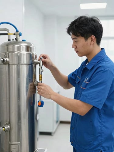A certified technician in a blue uniform installing a stainless steel water purification system in a bright office breakroom, clean natural light, focus on hands and plumbing connection.