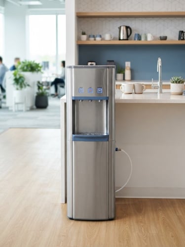 Sleek stainless steel bottleless water cooler in a bright modern office breakroom, clean natural light, crisp blue accent tones, sharp focus, 35mm lens