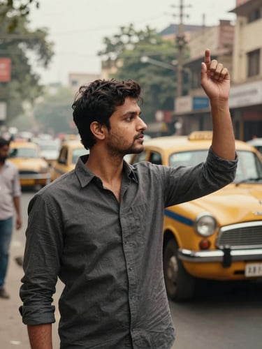 Medium shot of a man in a structured charcoal shirt hailing a cab on a busy Delhi street, natural overcast daylight, warm editorial fashion photography, 35mm film.