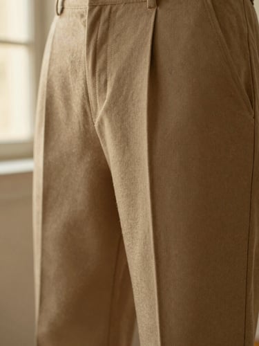 Macro close-up of structured cotton trousers in motion, showing clean seams and elegant drape, soft natural golden-hour window light, warm editorial fashion photography.