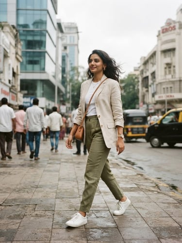 A medium-long environmental shot of a woman in a structured linen blazer walking down a modern Mumbai street, natural overcast daylight, warm editorial fashion photography, 35mm film.