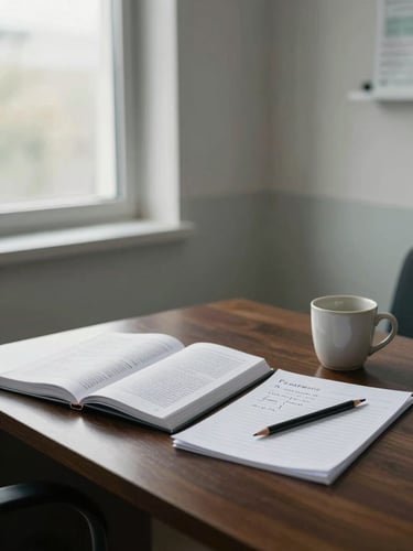 Close environmental shot of a clinical consultation room corner — a dark wood desk surface with a single open clinical textbook, a ceramic cup, and a pencil resting precisely beside handwritten session notes, soft north-facing window light from the left, no people, architectural stillness