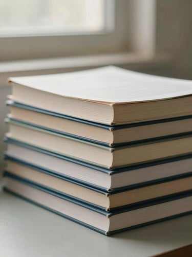 Detail of clinical reference books stacked on a desk, spines facing away, soft north-facing window light, warm neutral tones, precise and scholarly atmosphere