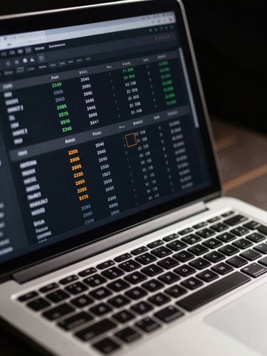 Extreme close-up of a laptop screen displaying a live paid ads dashboard — ROAS numbers and campaign metrics sharply lit by clinical overhead studio light, hard shadows on the keyboard, black background, high contrast, no faces