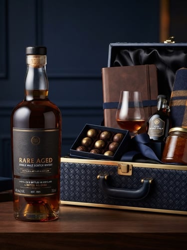 Striking portrait of a rare single malt whisky bottle and an elegantly arranged luxury gift hamper, both in crisp studio lighting, deep navy and amber tones, sharp focus, high-end editorial style, 50mm, with subtle reflections on glass.