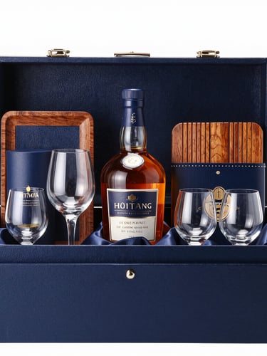 Wide portrait shot of a meticulously arranged corporate gift hamper, featuring a premium whisky bottle, elegant glassware, and luxury packaging materials (leather, wood, silk), studio lighting, sharp focus, high-end editorial style, 50mm.