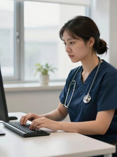 A focused medical administrator working in a bright modern clinic, typing on a clean workspace, warm natural light, 35mm