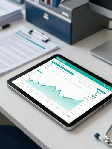 Overhead shot of an organized medical office desk, clean paperwork, and a tablet displaying a financial dashboard with positive growth metrics.