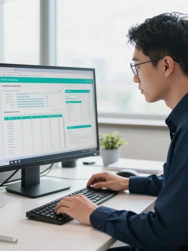 Crisp corporate photography, bright natural office daylight, focused medical administrator reviewing clinical data on a screen, 35mm