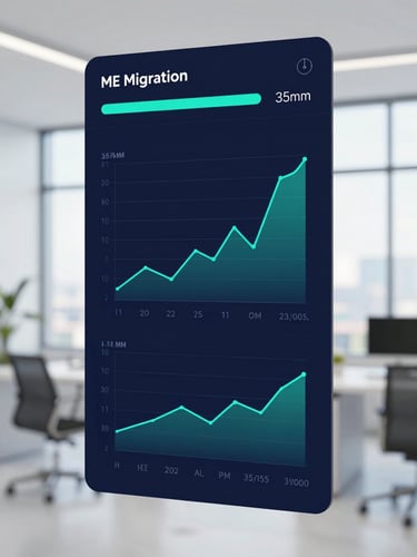 A vertical high-fidelity software interface mockup displaying medical data migration progress, clean graphs with electric teal lines, deep navy background, crisp corporate photography, sharp focus, 35mm